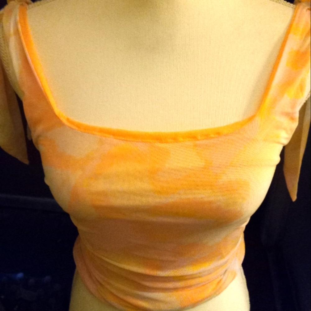 New,with tag orange& ivory tank top wide tie adjustable straps& shirred sides m